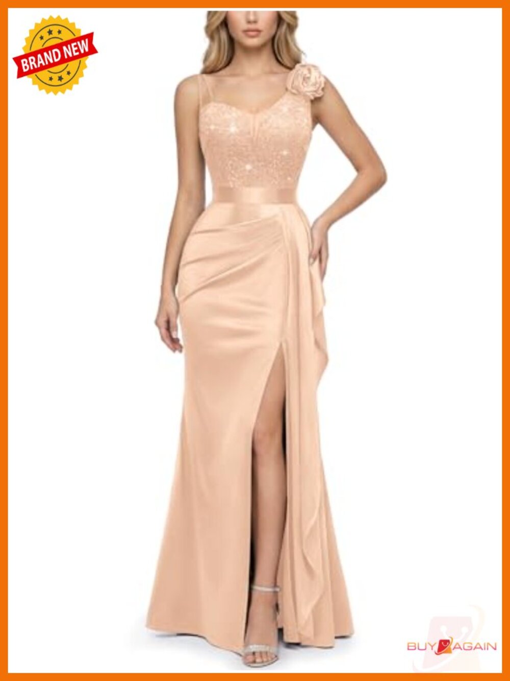 Miusol Elegant V-Neck Ruched Sequin Split Formal Evening Dress